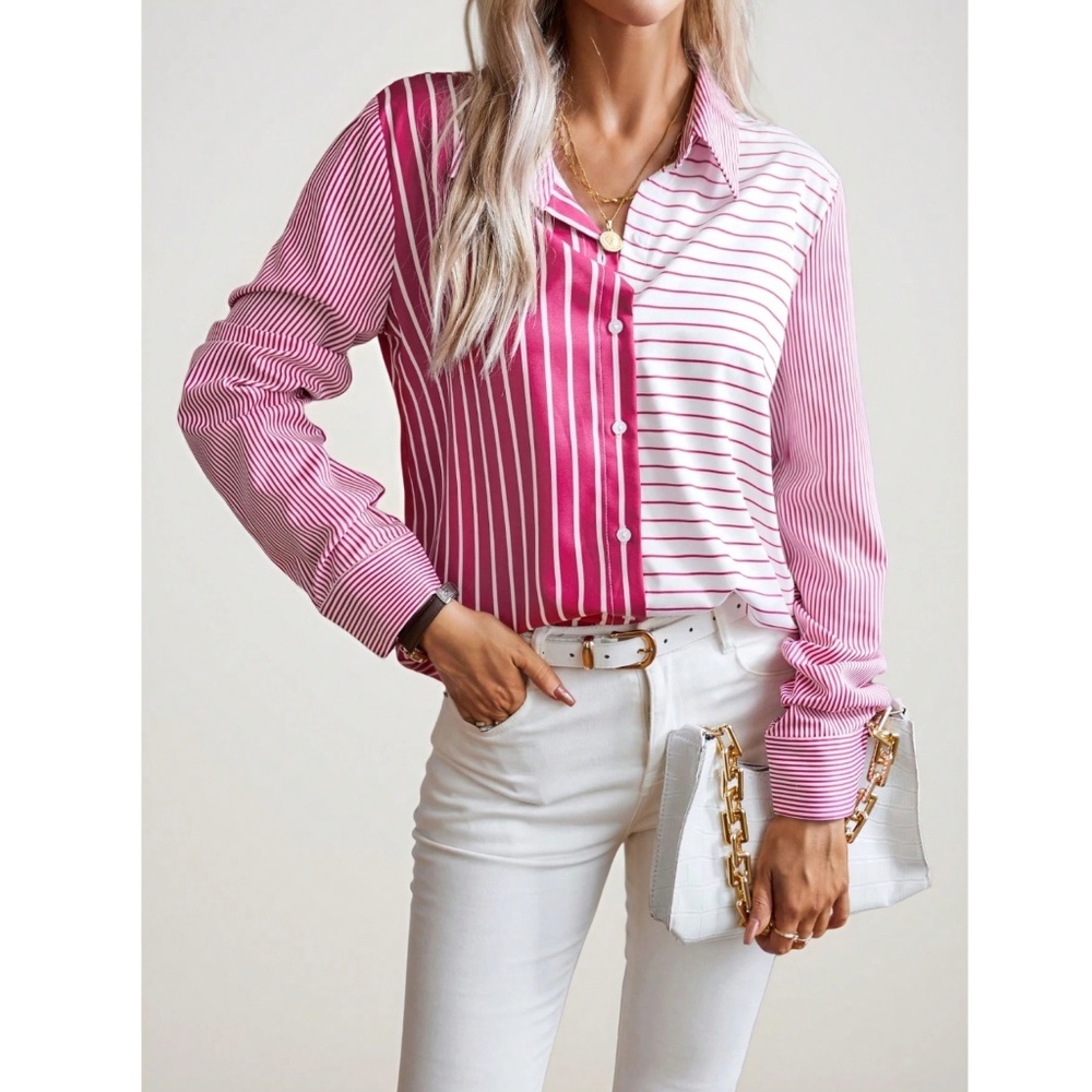 Striped Pink White Button Down Shirt Long Sleeve - Picture 6 of 7